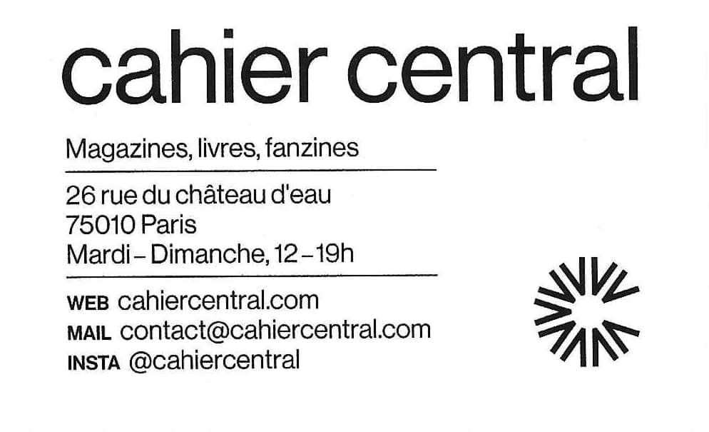 A business card from Cahier Central