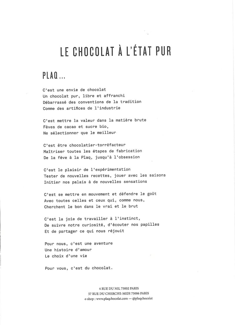 A brochure chocolate from PLAQ