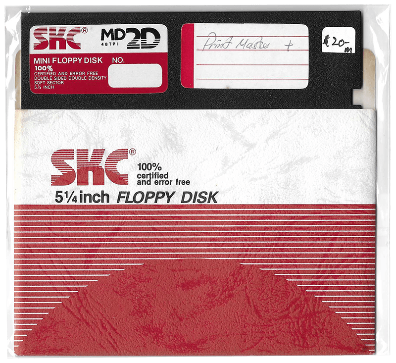 Old mini floppy disk in a white and red sleeve