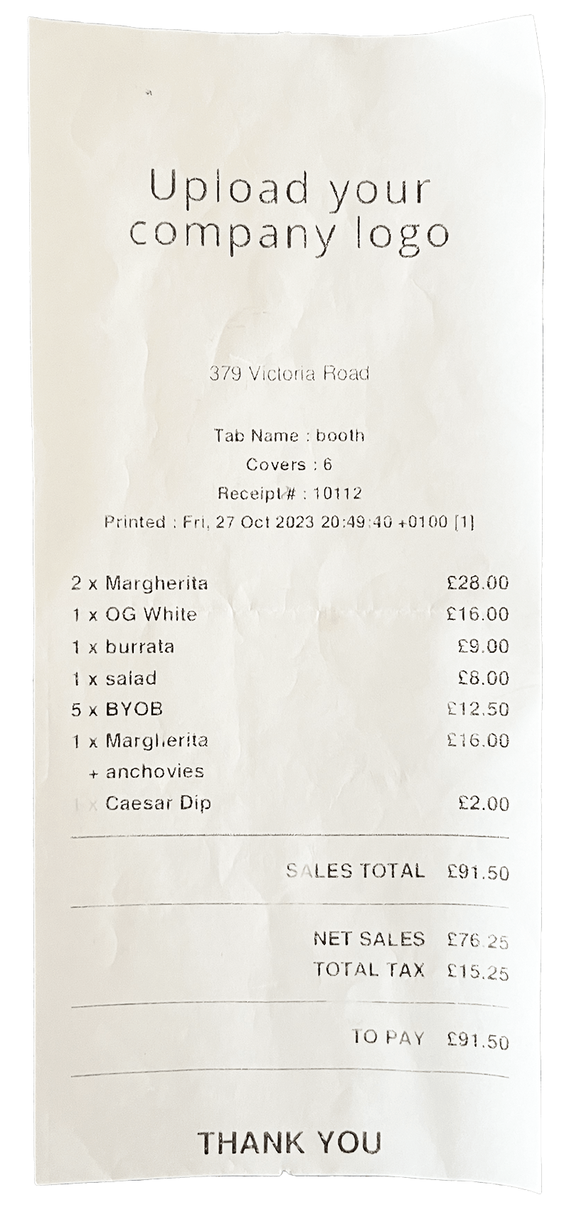 Receipt with heading 'upload your company logo'