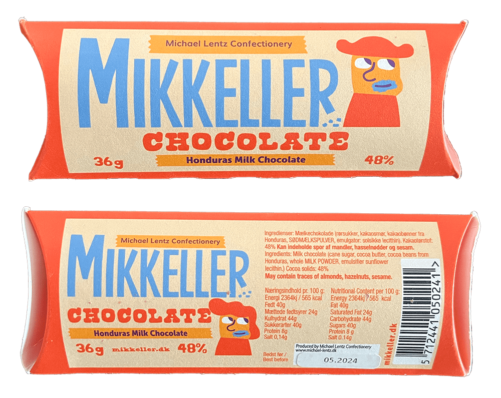 Bright orange packaging of Mikkeller chocolate